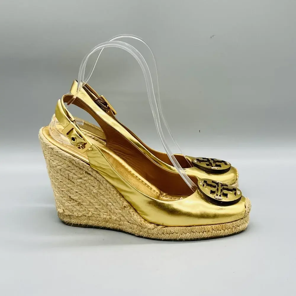 Tory Burch Shoes Womens 7 Gold Leather Slingback Espadrille Wedge Heels Logo